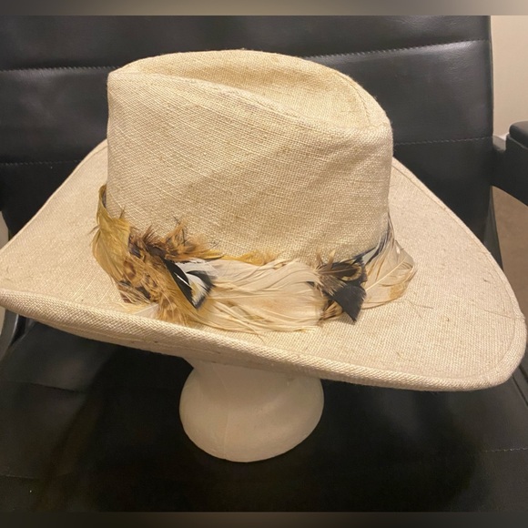 Resistol Other - Vintage VTG Resistol‎ Beige Ivory Canvas Western Cowboy Hat Feathers
